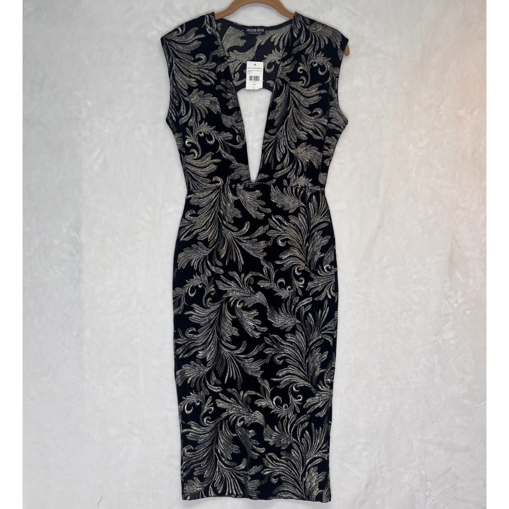 Fashion Nova Black Gold Embroidered Bodycon Midi Dress Plunge Neck Size L